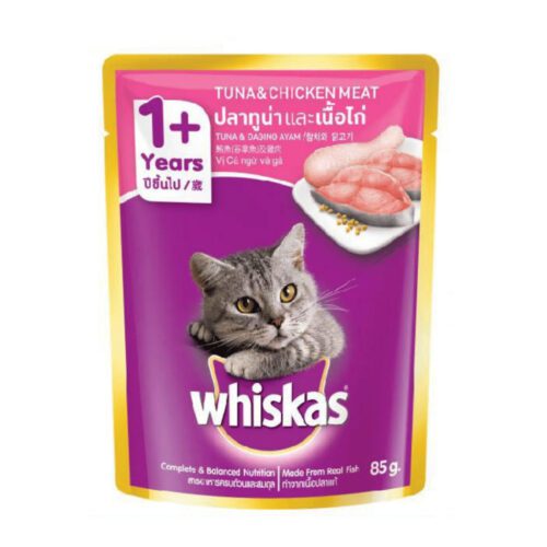 Whiskas Pouch Adult Tuna & Chicken - อาหารแมวเปียกรสปลาทูน่าและเนื้อไก่ 80g (8120)