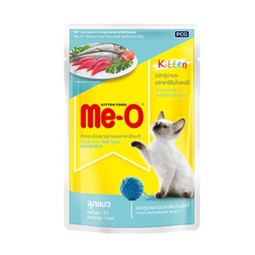 Me-O Pouch Kitten Tuna  Sardine In Jelly - อาหารลูกแมวเปียกรสปลาทูน่าและปลาซาร์ดีนในเยลลี่ 80g (8526)