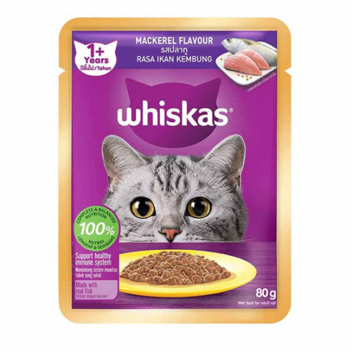 Whiskas Pouch Adult Mackerel - อาหารแมวเปียกรสปลาทู 80g (9538)