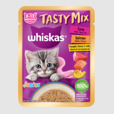 Whiskas Pouch Tasty Mix Junior Tuna, Salmon and Pumpkin in Jelly - อาหารแมวเปียกรสทูน่า แซลมอน และฟักทองในเจลลี่ 70g