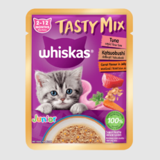 Whiskas Pouch Tasty Mix Junior Tuna, Katsuobushi and Carrots in Jelly - อาหารแมวเปียกรสทูน่า คัทสึโอะบูชิ และแครอทในเจลลี่ 70g