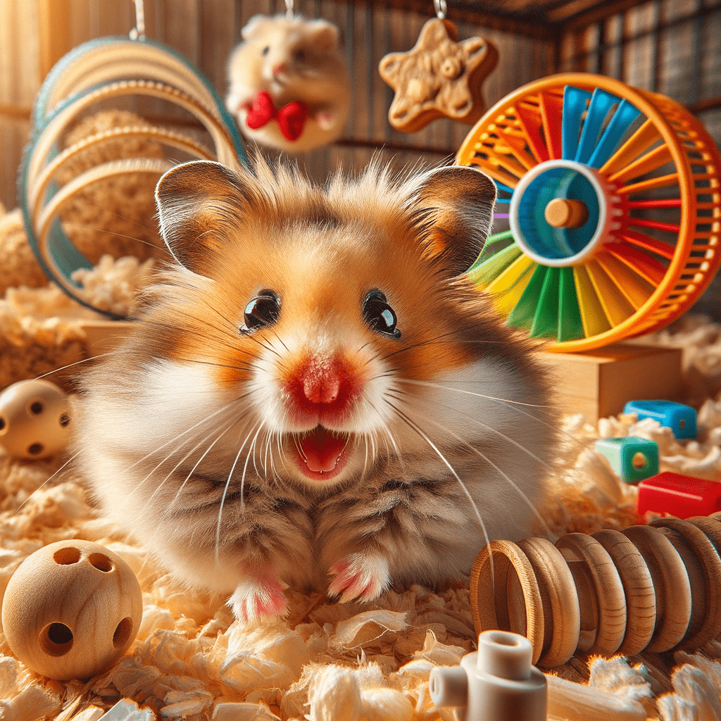 Syrian Hamster playing with toys