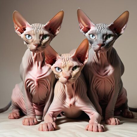 The sphynx cats lay down three in a row